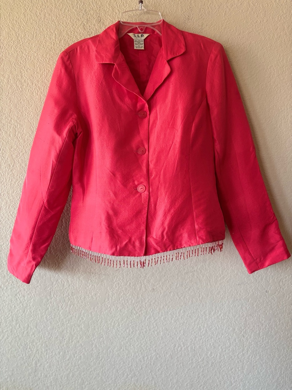 S.L.B. Vintage Women's Pink 100% Silk Blazer with Beaded Trim Size 8